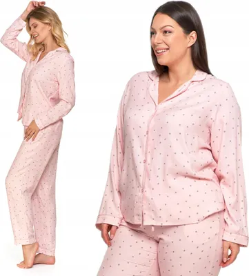 Two models are shown wearing a pink pajama set with a small pattern.