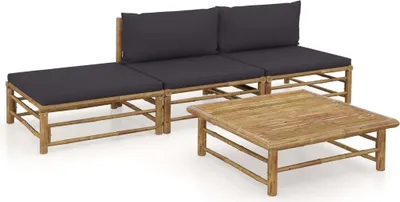 Produktbild von 4-tlg. Garten-Lounge-Set mit Dunkelgrauen Kissen Bambus