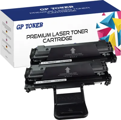 A box of GP Toner premium laser toner cartridges is shown with two cartridges in the foreground.