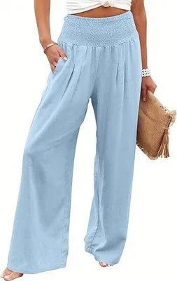 Produktbild von Damen Leinen Palazzo Hose Sommer Boho Weites Bein Hoher Bund Freizeit Hose mit Taschen