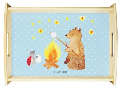 Produktbild von Mr. & Mrs. Panda Tablett Bär & Marienkäfer Lagerfeuer - Blau Pastell - Geschenk, sofatablett, betttablett, Teddy, aus holz, Deko, Servier