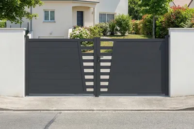 Produktbild von Schwingtor 3,5 m CERVINA H. 140 cm graues Aluminium + Tor 1 m H. 140 cm graues Aluminium