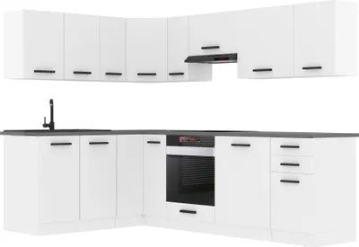 Produktbild von Belini Küchenzeile Küchenblock Küche L-Form JANET Küchenmöbel mit Griffe, Einbauküche ohne Elektrogeräten mit Hängeschränke und Unterschränke, ohne Arbeitsplatten, Weiß matt