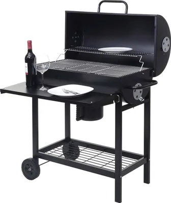 Produktbild von Wózek do grilla HWC-F70, stojak do grilla na węgiel drzewny, grill ogrodowy z półką na pokrywę, stal 103x93x70cm czarny