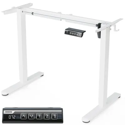 Productafbeelding van AREBOS verstelbaar bureauframe, elektrisch, met enkelvoudige motor, draagvermogen 70 kg, hoogteverstelling 70,5–116,5 cm, LCD-display, geheugenfunctie, botsingsbescherming, wit, geschikt voor thuiswerken