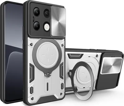 Obrázek produktu pro Pouzdro pro Xiaomi Redmi Note 13 4G dvojvrstvé odolné pouzdro s ochranným krytem kamery a kruhovým stojánkem na prsten Stříbro