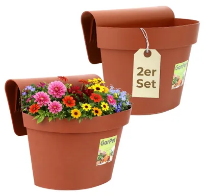 Produktbild von 2er Set Geländertopf Balkon mit Wasserspeicher Blumentopf Zaun Blumenkasten Geländer Geländerkasten Balkontopf Balkonkasten Blumenkasten Balkongeländer Terracotta