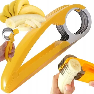 A collage showing a yellow banana slicer tool in use and with bananas.