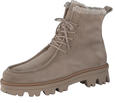A single beige winter boot with laces and a thick sole, shown against a white background.