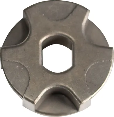 A close-up, top-down view of a metal sprocket with a hexagonal hole in the center.
