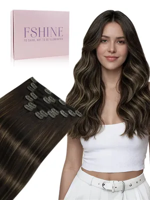 Zdjęcie produktu dla Pasemka do włosów typu clip-in, przeznaczone dla kobiet, w kolorze balayage, od ciemnobrązu do jasnobrązu, o długości 22 cale