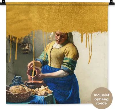 Produktbild von MuchoWow® Wandteppich Wandbehang Milchmädchen - Gold - Vermeer 60x60 cm Tapisserie Dekoration Wandtuch - Dekorationen - Wand Decke