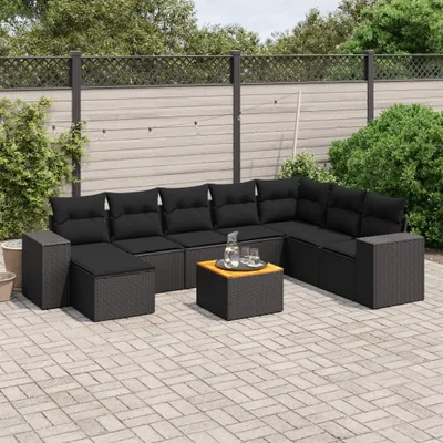 Produktbild von 9-tlg. Garten-Sofagarnitur - mit Kissen Schwarz Poly Rattan - Gartenmöbelset 3225579