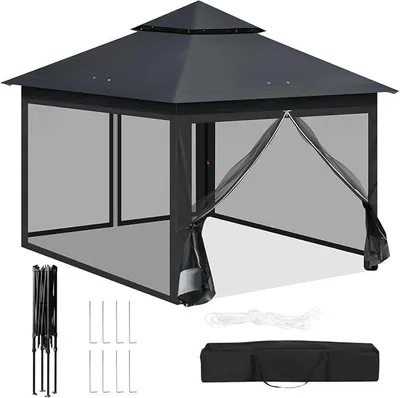 Produktbild von Pavillon 3x3 m, Faltpavillon mit Moskitonetz, Partyzelt wasserdicht stabil, höhenverstellbares Partyzelt UV-Schutz, Gartenpavillon mit 4 Seitenteilen, Festzelt mit Tragtasche, Anthrazit