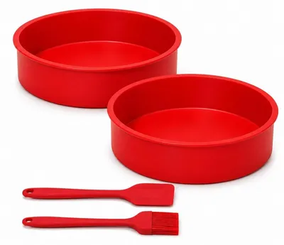 Zdjęcie produktu dla Zestaw dwóch silikonowych foremek do pieczenia okrągłych, o średnicy 25 cm, wraz z pędzlem do smarowania i szpatułką, kolor czerwony