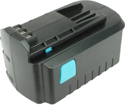 A black power tool battery with blue accents on a white background.