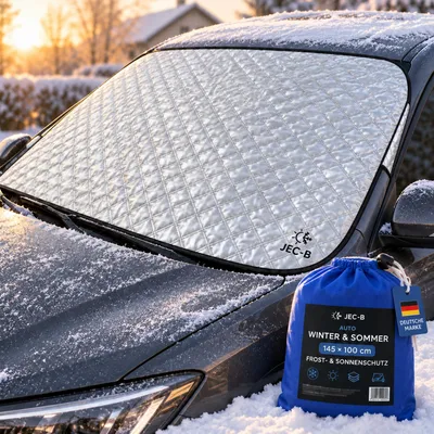 Frontscheibenabdeckung auf einem Auto im Schnee, davor der blaue Aufbewahrungsbeutel