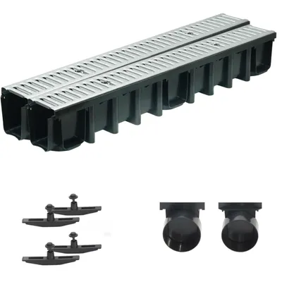 Produktbild von SPEEDPLANT Entwässerungsrinne A15 mit Stahlrost – 2 m Bodenrinne, 1,5 t Belastbarkeit, Tiefe 148 mm, inkl. Zubehör