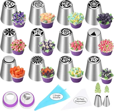 Produktbild von 47 Stück Russisch Piping Tips Set, 12 Blume Frosting Düsen Icing Tipps für Kuchen dekorieren Tipps Kit, Backen Zubehör für Cookie Cupcake, 2 Blatt Piping Tips 2 Couplers 30 Gebäck Backen Taschen YLYL