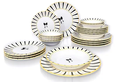 Obrázok produktu pre Hermia Concept, kvalitná 24-dielna sada riadu, 100 % keramika, biela/žltá/čierna | 6 servírovacích tanierov (26 cm), 6 tanierov (22 cm), 6 misiek (16 cm), 6 dezertných tanierov (20 cm) | Vhodné do umývačky riadu a mikrovlnnej rúry.