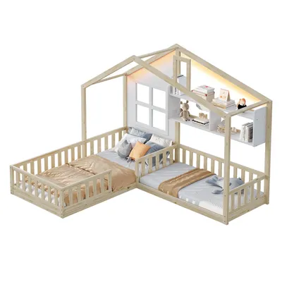 Produktbild von Merax Kinderbett Hausbett 90x200cm & 140x70cm mit Lattenrost und Sicherheitsgitter, Massivholz Bodenbett mit Fenster und Schornstein, Regal, Holz
