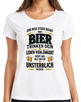 Zdjęcie produktu dla Koszulka damska "Bier Studie Leben Verlängert Unsterblich Lustig", biała, rozmiar XL. (Można też przetłumaczyć jako: Koszulka damska z napisem "Bier Studie Leben Verlängert Unsterblich Lustig", biała, rozmiar XL.)