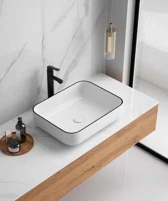 Produktbild von sanicomfort Aufsatzwaschtisch HERM 50 x 39 cm – eckiges Waschbecken ohne Überlauf – Keramik Waschschale in weiß, Kante schwarz, modernes Design für Bad & Gäste-WC