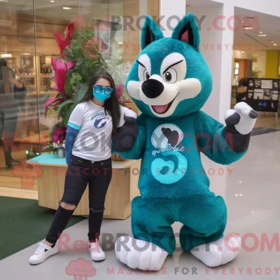 Productafbeelding van Teal REDBROKOLY Skunk mascottekostuum gekleed met een Mom Jeans en Smartwatches