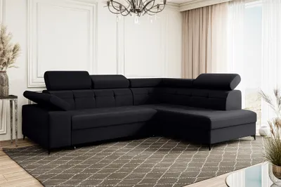 Produktbild von MEBLINI Schlafcouch mit Bettkasten - Ecksofa mit Schlaffunktion - Sofa mit Relaxfunktion und Kopfstützen - Couch L-Form - Eckcouch - Wohnlandschaft - BERGAMO - 274x203x83cm Rechts - Schwarz Samt