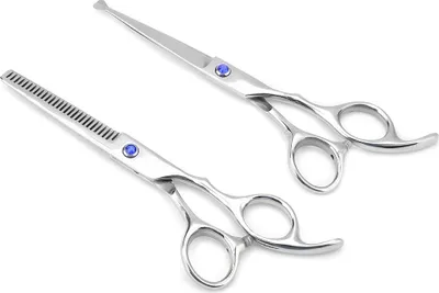 Imagen del producto de Juego de tijeras profesionales para cortar y adelgazar el cabello, ideales para peluquerías familiares. Tijeras azules con tornillo