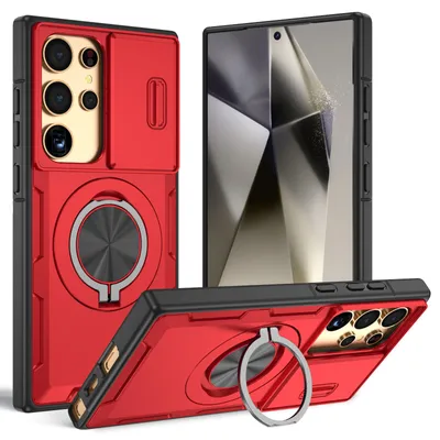 Obrázek produktu pro Magnetické pouzdro pro Samsung Galaxy S24 Ultra, ochranné pouzdro s ochranou fotoaparátu a kroužkovým stojánkem Červená
