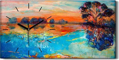 Produktbild von Wanduhr Leinwand Bild Uhr Geräuschlos 60x30 Landschafts Wasser See und Baum - schwarze Hände