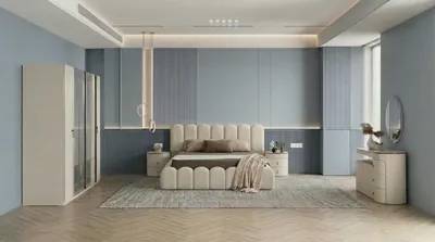 Immagine prodotto di Set per camera da letto: letto, comodini (2), cassettiera, armadio. Design moderno, nuovo