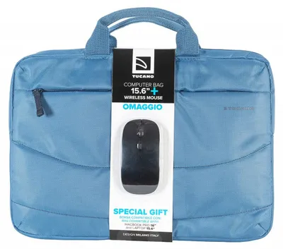 Produktbild von Tucano Laptoptasche für 15,6"-Laptops und MacBook Pro 16" in Hellblau mit kabelloser Maus