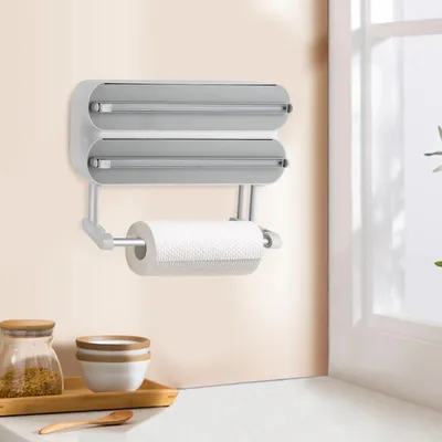 Immagine prodotto di Dispenser di pellicola 3 in 1 - Portarotolo da parete per pellicola e rotoli da cucina - Taglierina integrata - Senza forature - ABS - Taglia M - Grigio