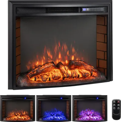 A collage of an electric fireplace showing different flame color options and a remote control.