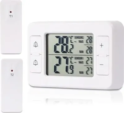 Produktbild von Kühlschrank -Thermometer, Gefrierschrankthermometer 2 drahtlose Sensoren, Außenbereich in Innenräumen, Temperaturalarm, Min/Max, Trendanzeige, Pfeil
