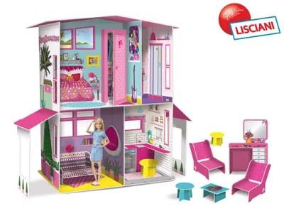 A dollhouse with furniture and a doll, presented as a product image.