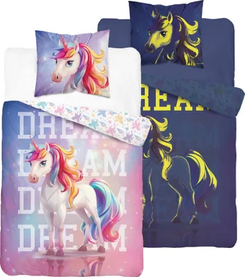 Produktbild von Bettwäscheset leuchtend im Dunkeln 160x200 Regenbogen Einhorn bunt