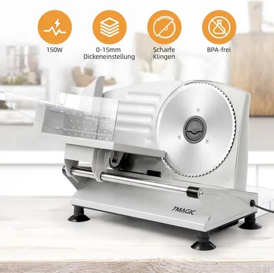 Produktbild von 7MAGIC Allesschneider, elektrischer mit ECO-Motor, rostfreies Edelstahlmesser, Wurstschneidemaschine mit einstellbare Schnittstärke(0-15mm), Käse Brotschneidemaschine, 150 W, Silbermetallic