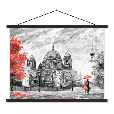 Produktbild von MuchoWow® Textilposter Malerei - Architektur - Baum - Rot 40x30 cm mit schwarzem Rahmen - Dekorationen