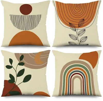 Produktbild von Boho-Kissenbezugs-Set, 4 Stück, 40x40 cm, modernes abstraktes Design mit Blättern und Sonne, beige Polyester- und Leinenstoff, waschbar, perfekt für