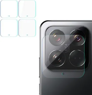 A collage showing four protective lens covers for a smartphone camera on the left, and a close-up of a smartphone camera module with one of the lens covers applied on the right.