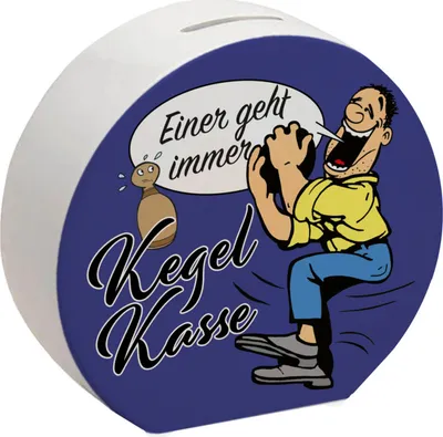 Produktbild von Kegelkasse Spardose Einer geht immer in blau mit lustigem Kegelspieler Motiv