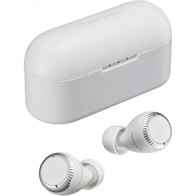 A white charging case and two white wireless earbuds with silver accents are displayed against a white background.