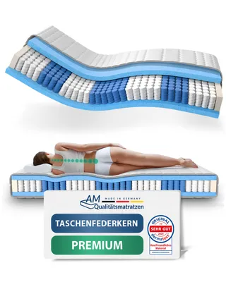 Produktbild von AM Qualitätsmatratzen | Premium 7-Zonen Taschenfederkernmatratze | 140x220 cm | H4 | Tonnentaschenfederkernmatratze | 140/220 | Federkernmatratze | Härtegrad H4 | 7 Zonen | 24 cm Höhe