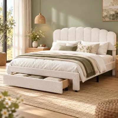 Obrázek produktu pro Postel s čalouněnou konstrukcí, rozměry 140x200 cm, dvoulůžko s úložnou zásuvkou, USB porty, rošt, nastavitelná čelo ve tvaru mušle, potah z plyše, bez matrace, barva béžová