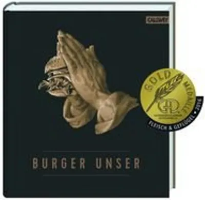 A book cover with a graphic of praying hands holding a burger, and a gold medal award.