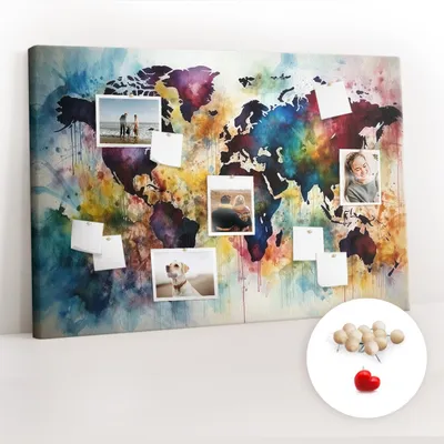 Obrázek produktu pro Korková nástěnka s kolíčky - Tabule s kolíky pro fotografie a poznámky - 120x80 cm - Připínáčky dřevěné 100 kusů - Akvarelová mapa