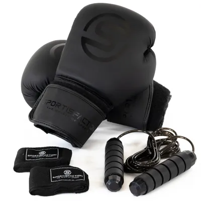 Produktbild von Sportisfaction Boxhandschuhe 12oz Set inkl. Bandagen & Springseil Schwarz Kunstleder